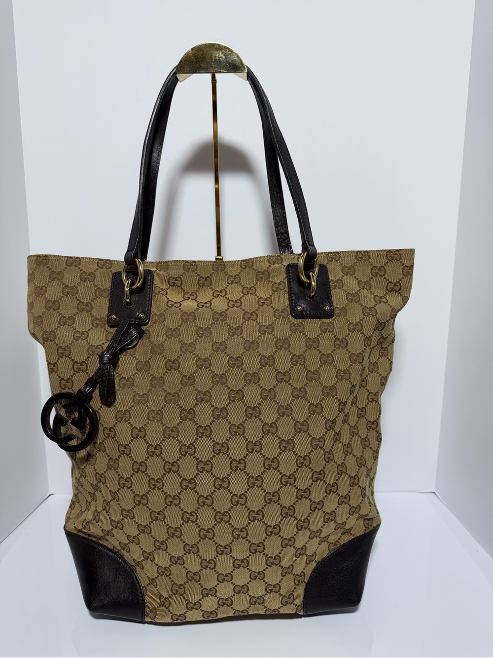 Gucci Beige/Brown GG Canvas Tote with Dark Brown Leather Trim